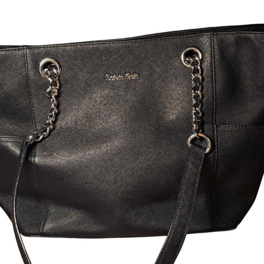 CALVIN KLEIN Large Black Tote Shoulder Bag Purse ,Hardware Strap